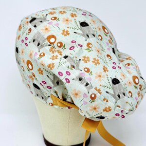 Cat Euro Scrub Cap with Ties. Cute European Satin Lined option scrub caps for women.