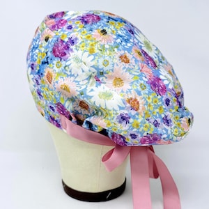 Floral Euro Scrub Cap with Ties: Handmade Cotton, Satin Lined Option