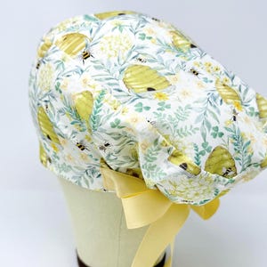 Bee Euro Scrub Cap with Ties. Cute European Satin Lined option scrub caps for women.