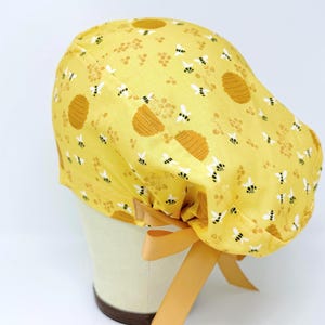 Bee Euro Scrub Cap with Ties. Cute European Satin Lined option scrub caps for women.