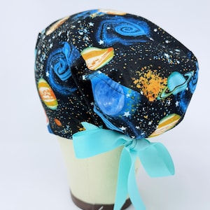 Planet Euro Scrub Cap with Ties. Space European Satin Lined scrub caps for women.