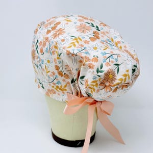 Flower Euro Scrub Cap with Ties. Spring European Satin Lined scrub caps for women.