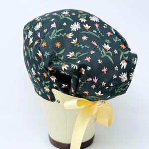 Floral Euro Scrub Cap with Ties. Flower European Satin Lined scrub caps for women.
