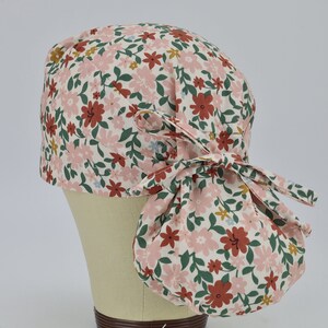 Ponytail Scrub Cap -  Cottage Floral Surgical Cap for Women with Satin Lined Option.