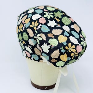 Plant leaf Euro Scrub Cap with Ties. Fall European Satin Lined and buttons option scrub caps for women.