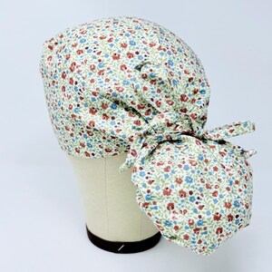 Floral Ponytail Scrub Cap - Small Flowers Surgical Cap for Women with Satin Lined Option.
