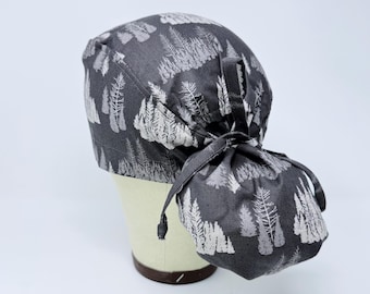 Pine tree ponytail scrub cap -  Forest surgical hat for Women with Satin Lined Option.