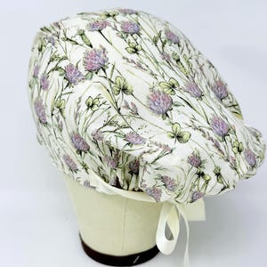Floral Euro Scrub Cap with Ties. Summer European Satin Lined option scrub caps for women.