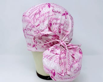 6 Pack Breast Cancer Awareness Scrub Caps - Pink Satin Lined Nurse Hats With Sweatband (Adjustable Fit)