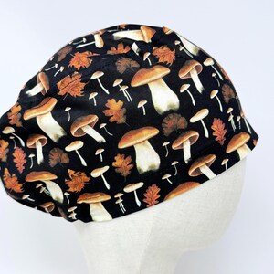 Fall Euro Scrub Cap. Mushrooms Surgical Hat  with Optional Satin Lining. Comfortable Women&#39;s Scrub Cap.