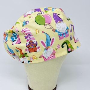 Easter Euro Scrub Cap with satin lined. Bunny - gnome Surgical Hat for Women. European Surgical scrub caps.