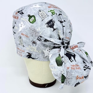Trick or Treat Ponytail Scrub Cap for Women. Halloween  Scrub Hat for Long Hair with Satin Lining option.