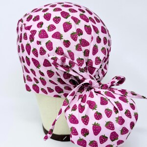 Strawberry Surgical Cap for Women with Satin Lined Option. Pink Ponytail Scrub Cap.