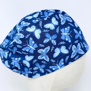 Butterfly Euro Scrub Cap with satin lined. Blue Surgical Hat for Women. European Surgical scrub cap.