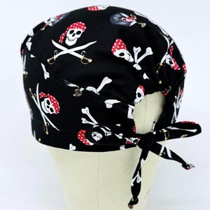 Pirate Men&#39;s Scrub Cap with Tie Back, Skull tie-back style surgical Scrub Hat. Halloween scrub cap.