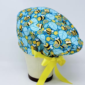 Bee Euro Scrub Cap with Ties. Cute European Satin Lined option scrub caps for women.