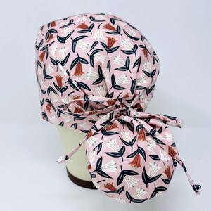 Lily Ponytail Scrub Cap - Floral Surgical Cap for Women with Satin Lined Option.