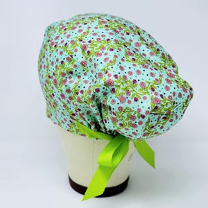 Pink Flower Euro Scrub Cap with Ties. Summer European Satin Lined scrub caps for women.