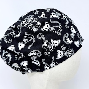 Creepy Kitty Euro Scrub Cap with satin lined. Surgical Hat for Women. European Surgical scrub cap. Halloween scrub cap.