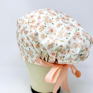 Pink flower Euro Scrub Cap with Ties. Summer European Satin Lined scrub caps for women.
