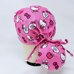Ponytail Scrub Cap for Women – Kitty Surgical Cap for Long Hair with Optional Satin Lined. Funny scrub hats for women. Pink.