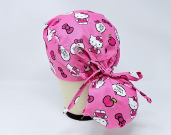 Ponytail Scrub Cap for Women – Kitty Surgical Cap for Long Hair with Optional Satin Lined. Funny scrub hats for women. Pink.