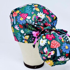 Mushrooms ponytail Scrub Cap with satin lined. Surgical cap with ponytail for women.