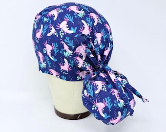 Ponytail Scrub Cap. Cute Axolotl surgical hat for women with satin lined option.