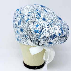 Floral Euro Scrub Cap with Ties. Summer flower European Satin Lined scrub caps for women.