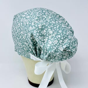 Floral Euro Scrub Cap with Ties. Plant leaf European Satin Lined option scrub caps for women.