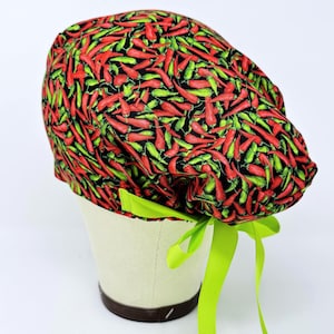 Pepper Euro Scrub Cap with Ties. Funny European scrub caps for women. Surgical Cap for Women with Satin Lined Option.