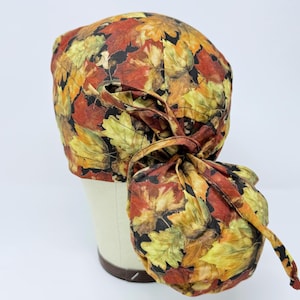 Fall Ponytail Scrub Cap for Women - Fall leaves Surgical Cap with Satin Lined.