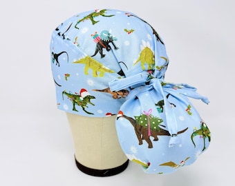 Dinosaurs Ponytail Scrub Cap for Women – Christmas Surgical hat for Long Hair with Satin Lining. Winter scrub Cap.