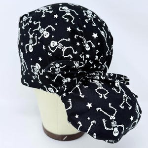 Skeleton Ponytail Scrub Cap for Women. Glow Scrub Hat for Long Hair with Satin Lining option. Halloween scrub cap.