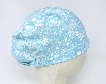 Floral Euro Scrub Cap with satin lined. Blue Surgical Hat for Women. European Surgical scrub cap.