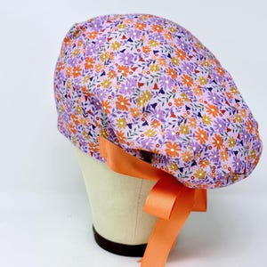 Violet Wildflower Euro Scrub Cap with Ties. Floral European Satin Lined option scrub caps for women.