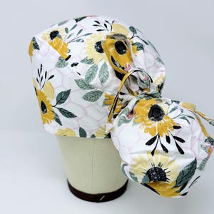 Sunflower Ponytail Scrub Cap for Women – Floral Satin Lined Ponytail scrub cap for long hair. Fall scrub cap.