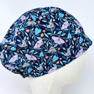 Dark Blue Butterfly Euro Scrub Cap with satin lined. Surgical Hat for Women. European Surgical scrub cap.