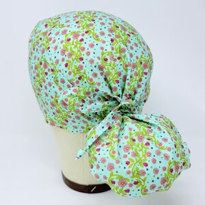 Pink Flower Ponytail Scrub Cap - Summer Surgical Cap for Women with Satin Lined Option.