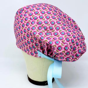 Floral Euro Scrub Cap with Ties. Pink European Satin Lined option scrub caps for women.