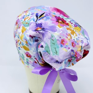 Flower Euro Scrub Cap with Ties. Floral European Satin Lined scrub caps for women.