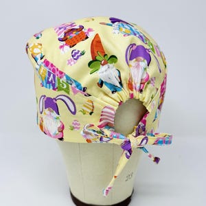 Easter Men&#39;s scrub cap with tie back, Bunny - gnome skull tie-back style surgical scrub hat.