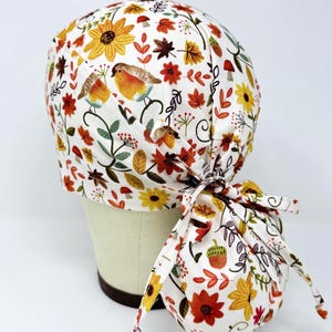 Harvest Garden Ponytail Scrub Cap - Thanksgiving scrub hat. Fall Surgical Cap for Women with Satin Lined.