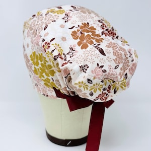 Flower Euro Scrub Cap with Ties. Summer European Satin Lined and buttons option scrub caps for women.