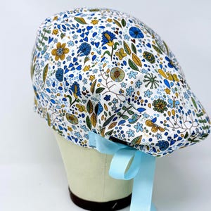 Flower Euro Scrub Cap with Ties. Spring European Satin Lined scrub caps for women.