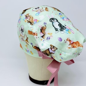 Easter Euro Scrub Cap with Ties. Dog European Satin Lined scrub caps for women.