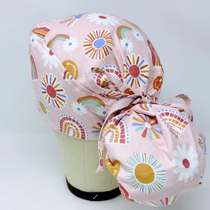 Rainbows Ponytail Scrub Cap - Cute Surgical hat for Women with Satin Lined Option.