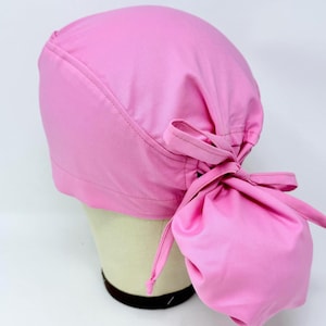 Pink Ponytail Scrub Cap with Satin Lined Option. Solid color Surgical hat for Women.