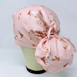 Mushrooms ponytail Scrub Cap with satin lined. Pink surgical cap with ponytail for women.