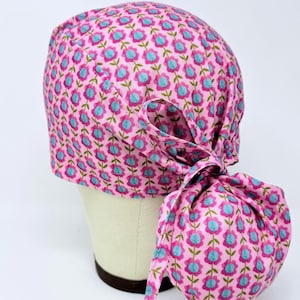 Flower ponytail scrub cap - Pink Surgical Cap for Women with Satin Lined Option.